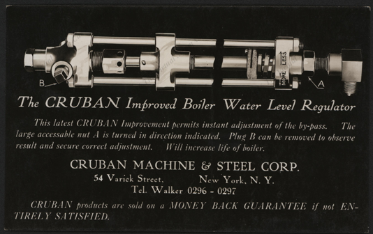 Crubah Machine & Steel Corporation, Postcard, March 2, 1927, Improved Boiler Water Level Regulator, Postcard, Front
